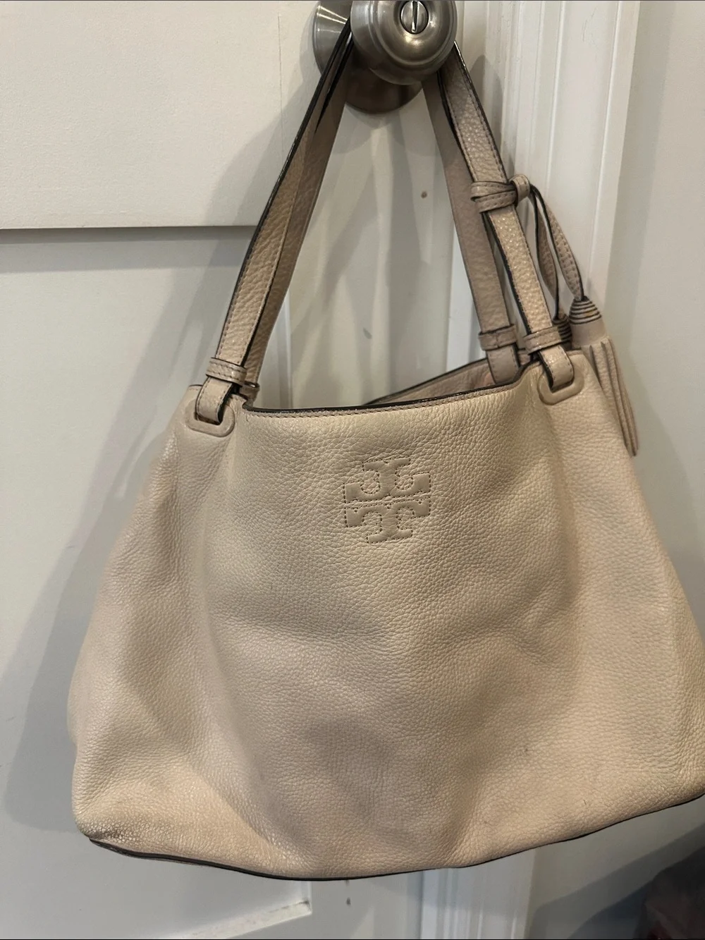Tory Burch Pebbled Leather “Thea” Shoulder Bag in sweet melon